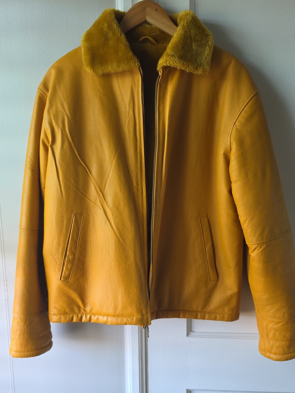 Wilda Mustard Yellow Leather Bomber Jacket with Shearling Collar